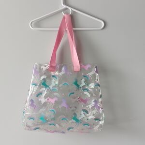 Unicorn Clear Plastic Tote Bag Pink Shoulder Straps Aqua White Purple Rainbows